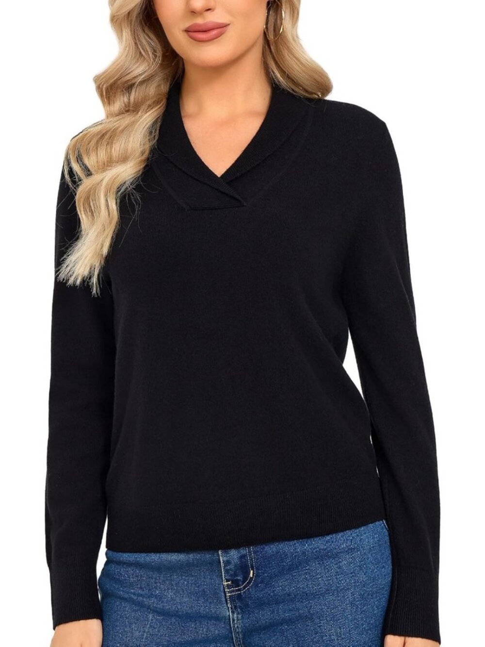 Cozy 100% Merino Wool V-Neck Shawl Collar Pullover Sweater for Women